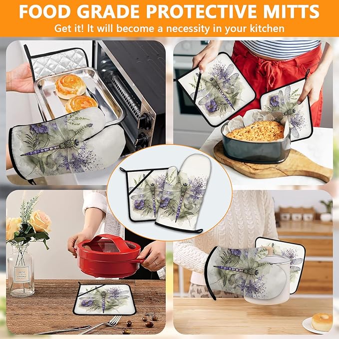 Dragonflies Oven Mitts and Pot Holders Sets 4Pcs,Extra Long Oven Gloves Potholder for Kitchen Cooking Baking BBQ 100% Cotton Heat Resistant