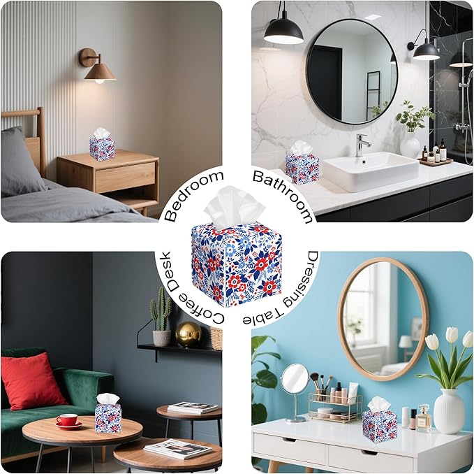 Red and Blue Flowers Tissue Box Cover Square,Tissue Box Holder with Belt Bottom,Stylish Leather Napkin Holder for Vanity Countertop,Nightstands,Office Desk,5.2"×5.2"×5.2"