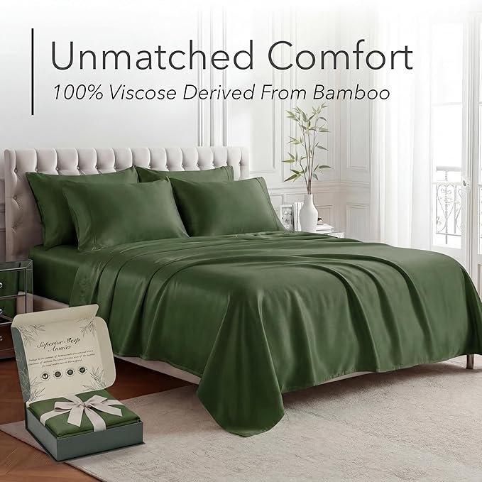 DECOLURE 100% Viscose Derived from Bamboo Sheets California King Size - Luxury 6 Pc Naturally Cooling Sheets, Ultra Soft Bed Set - Deep 17" Pockets, Double Stitching, Oeko Tex Standard (Olive)