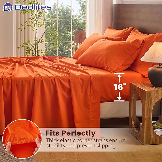 Bedlifes 100% French Pure Linen Sheets California King Size Breathable and Cooling Flax Sheet Set Soft Durable and Moisture Wicking 16 Inch Deep Pocket-4 Piece(Cal King,Orange)