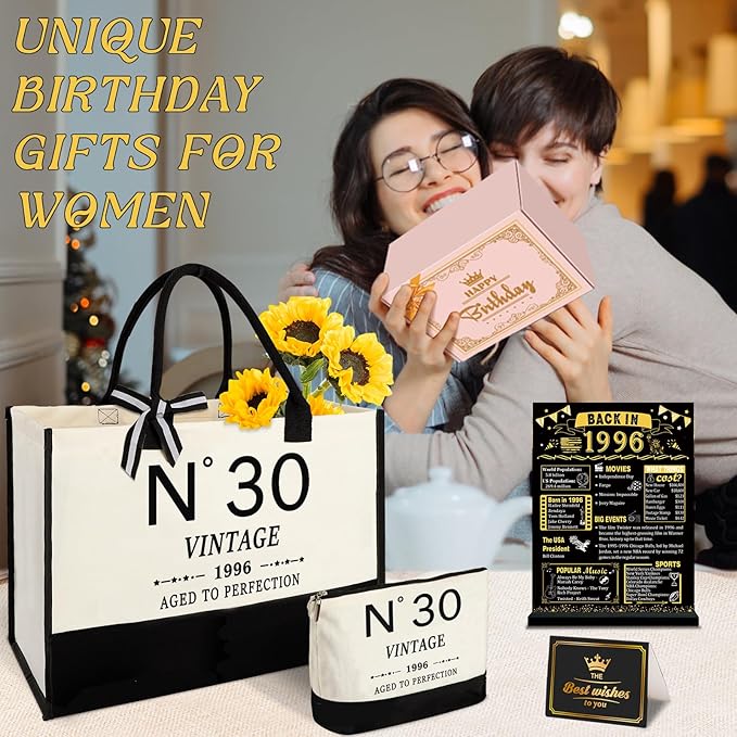 YeohJoy 30th Birthday Gifts for Women Canvas Tote Bag Travel Gear,Unique 30 Years Old Gifts for Wife Mom Sister Aunt Friends Her, Vintage N°30 Handbag & Cosmetic Bag & Back in 1996 Poster