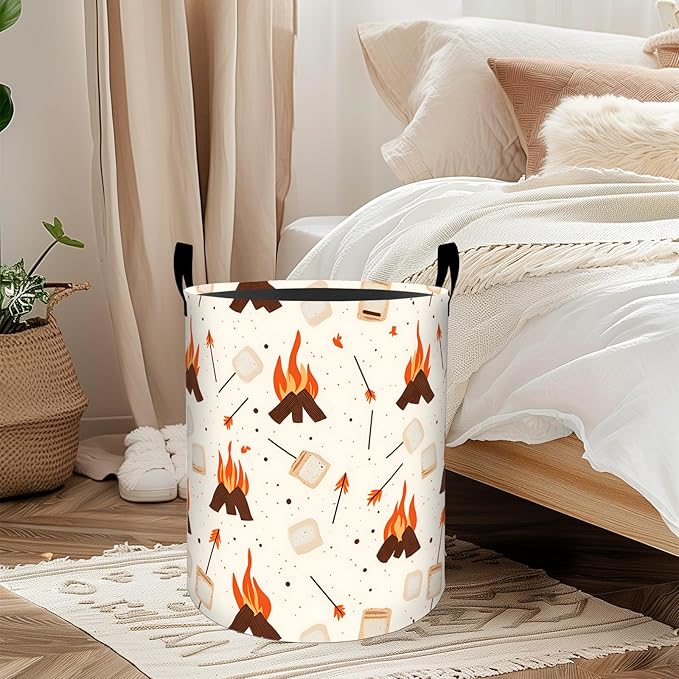 ainori Campfire Laundry Basket, Oxford Cloth Minimalist Rustic Dirty Clothes Collapsible Hamper for Room Decor, Marshmallow and Fire Print Gifts Toy Organizer 19.7*15.8 Inch for Bedroom Bathroom Dorm
