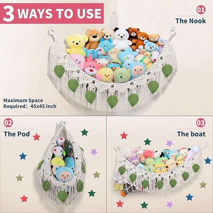 iHansee Stuffed Animal Storage Hammock Corner w/LED Star Light, 56'' Jumbo Boho Tassel Leaf Hanging Stuffed Animal Net Holder, Cream Toy Hammock Plushie Net for Kid Girls Boys Gift Nursery Decor