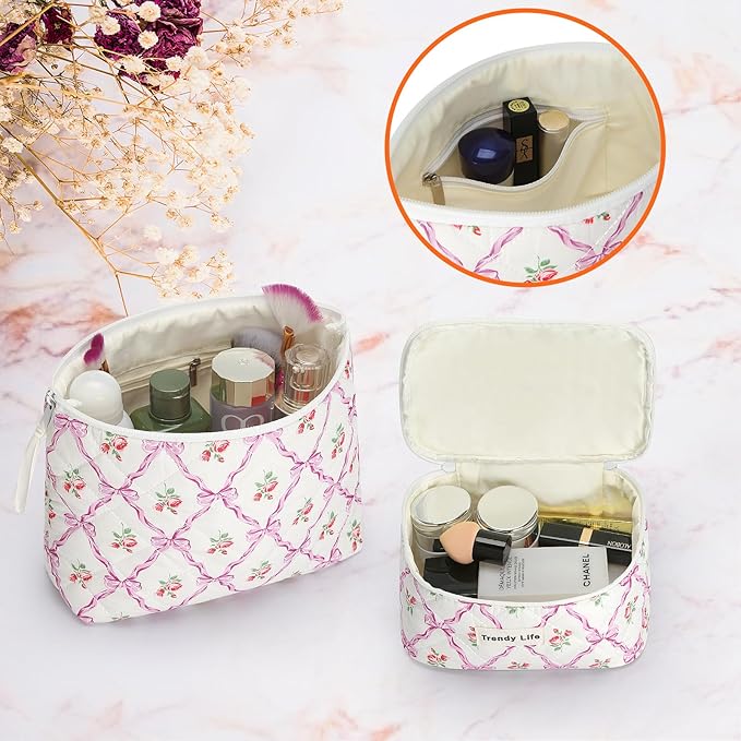HAOGUAGUA 2 Pieces Makeup Bag, Small Large Quilted Cosmetic Bag, Travel Floral Make Up Toiletry Organizer Bag for Women Girls (2PCS STYLE B-4)