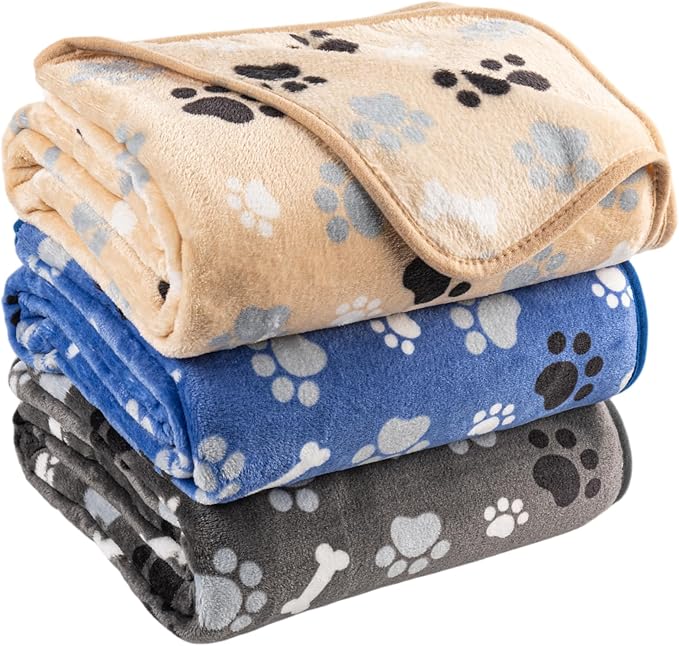 AIWEK Dog Blanket Paw Bone Pattern 1 Pack 3 Colorful 60"*50" Super Soft Warm Flannel Sofa Cover Car Bed Protector, Urine Proof Washable Outdoor Pet Blanket for Puppy Large Dogs & Cats