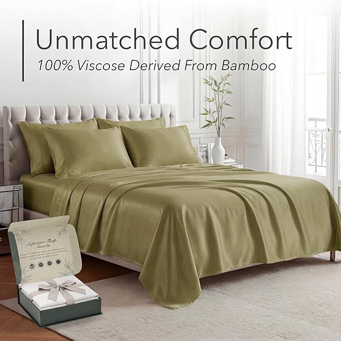 DECOLURE 100% Viscose Derived from Bamboo Sheets King Size - Luxury 6 Pc Naturally Cooling Sheets, Ultra Soft Bed Set - Deep 17" Pockets, Durable Double Stitching, Oeko Tex Standard (Light Olive)