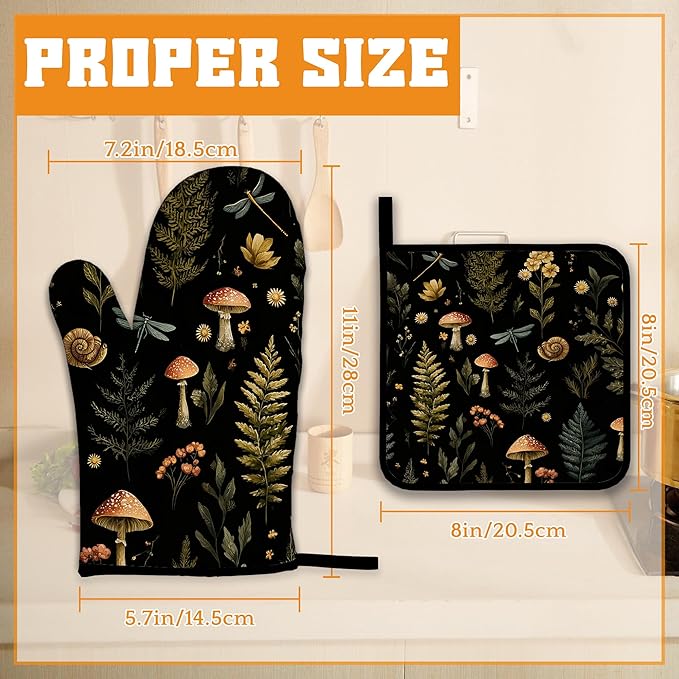 Mushroom Forest Plant Oven Mitts and Pot Holders,Dragonfly Heat Resistant Oven Mitts Gloves and Pot Holder for Home Kitchen Decorations Cooking Baking BBQ Gifts,Set of 4
