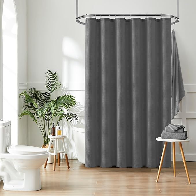 Indecor Home Luxury Waffle Weave Shower Curtain Elegant Hotel Style Fabric for Bathroom, Water Repellent, Machine Washable Dark Grey Waffle