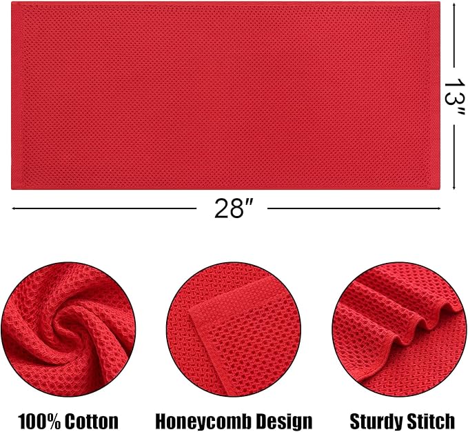 Kitinjoy 100% Cotton Waffle Weave Kitchen Towels, 8-Pack Super Soft and Absorbent Dish Towels for Drying Dishes, Kitchen Hand Towels, 13 in x 28 in, Red