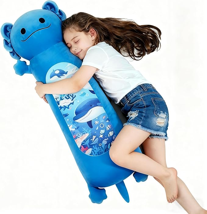 36 inch Long Axolotl Plush Body Pillow, Giant Cute Blue Ocean Axolotl Stuffed Animals, Big Salamander Squishy Soft Plushies Toy, Gifts for Kids Girls and Boys, Birthdays, Halloween, Christmas