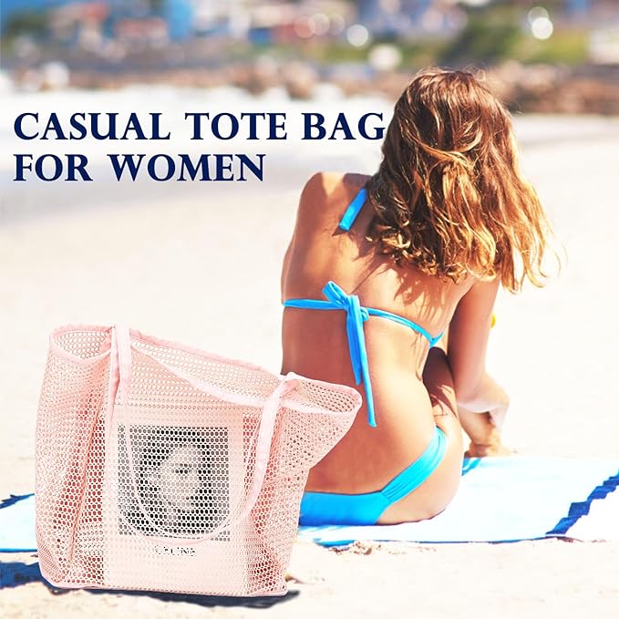 Fammart Mesh Beach Bag, Large Beach Tote with Zipper Pocket for Family Pool Bag for Toys & Vacation Essentials