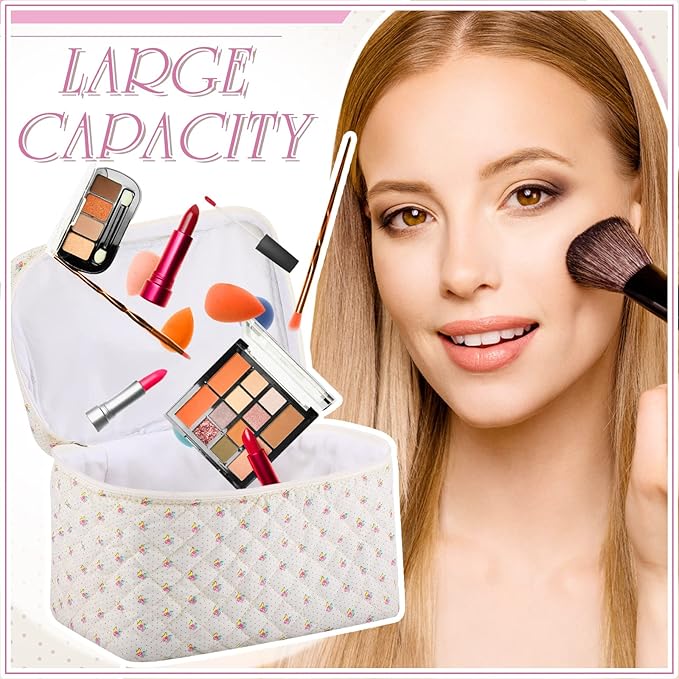 Paterr Makeup Bag Set 3 Pcs Large Quilted Cotton Make up Bags for Women Cosmetic Travel Toiletry Organizer Pouch Cute Aesthetic Storage Purse(White,Little Flower)