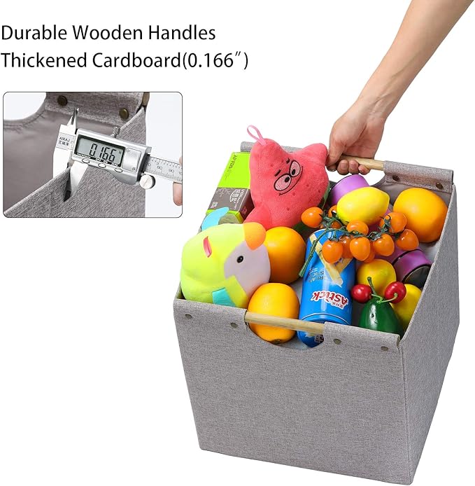 HOONEX Collapsible Storage Bins, 12x12x12in Storage Cubes Linen Fabric, 3 Pack, Storage Baskets with Wooden Carry Handles and Sturdy Heavy Cardboard, for Home, Office, Car, Nursery, Light Grey