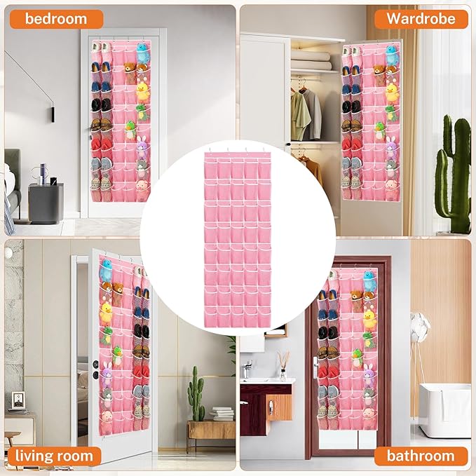 Hualleko 40-Pocket Over the Door Shoe Organizer - Large Mesh Pocket Hanging Shoe Organizer,Behind the Door Shoes Storage Holder Hanger (Pink-W)