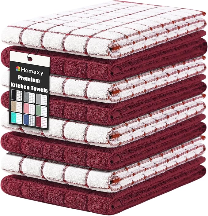 Homaxy Premium Cotton Kitchen Towels 16"x 28", Large Natural Ring Spun 390 GSM Dish Towels, Super Absorbent Terry Kitchen Hand Towels, Soft Tea Towels with Hanging Loop, Red Check Design,8 Pack