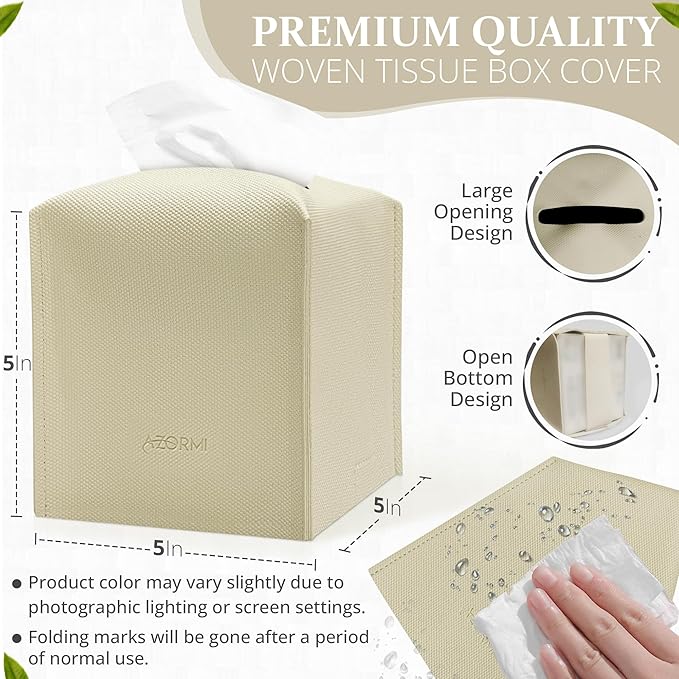 Tissue Box Cover, PU Leather Tissue Box Holder with Bottom Belt, Modern Square Tissue Box Covers with Wide Opening (Beige, Woven Patterns)