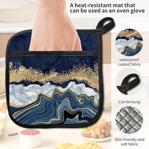 2 Pack Pot Holders for Kitchen Clearance, Cute Hot Pads, Funny Oven Pot Holders, Potholders Sets for Kitchen Heat Resistant Luxury Blue Marble