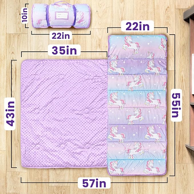 Beavtaens Toddler Nap Mat with Pillow and Minky Blanket, Large 55"x35" Sleeping Bag, Washable, Lightweight, Easy to Roll, Perfect for Preschool, Daycare, Kindergarten, Travel, Boys and Girls