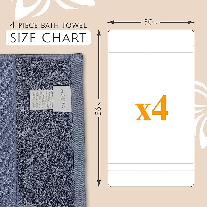 MAURA Indigo Blue Extra Large Turkish Cotton Luxury Bath Towels Set of 4. Ultra-Soft, Thick & Plush Towels for Bathroom - Denim Blue