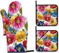 Poppy Flower Oven Mitts and Pot Holders,Pink Yellow Blue Heat Resistant Oven Mitts Gloves and Pot Holder for Home Kitchen Decorations Cooking Baking BBQ Gifts,Set of 4