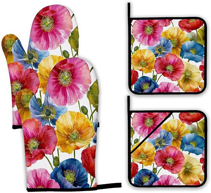Poppy Flower Oven Mitts and Pot Holders,Pink Yellow Blue Heat Resistant Oven Mitts Gloves and Pot Holder for Home Kitchen Decorations Cooking Baking BBQ Gifts,Set of 4