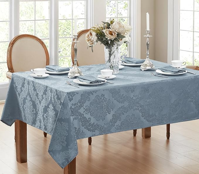 Newbridge Barcelona Damask Fabric Tablecloth, 60 x 144 Inch Rectangle, Blue – No Iron, Soil Resistant Table Cover for Dining, Parties and Holidays