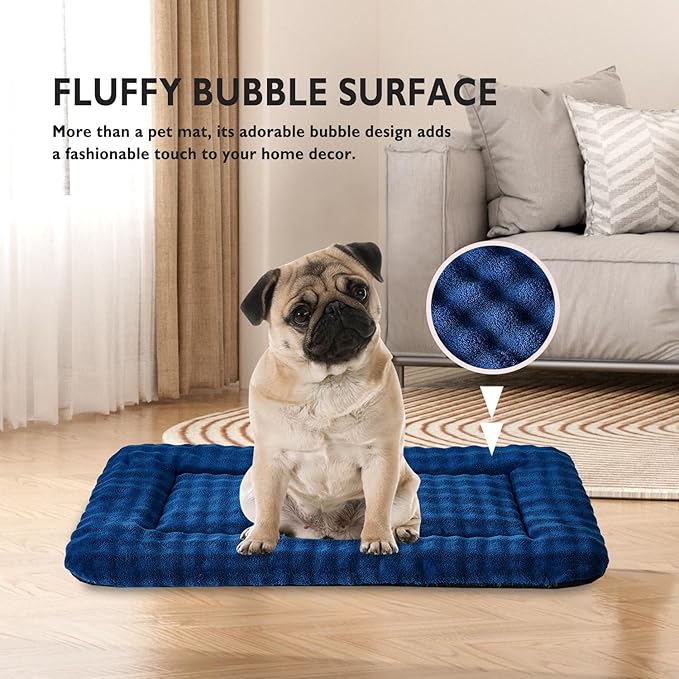 Yaning Dog Bed Mat Crate Pad for Medium Dogs, Washable Soft Pet Sleeping Mat Kennel Pad with 3D Bubble Pattern, Navy Blue, 30"x 19"