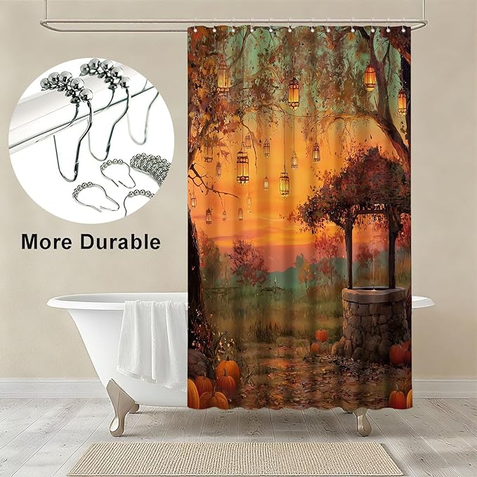 mutakin Fall Pumpkins Shower Curtain Autumn Thanksgiving Tree Shower Curtains for Bathroom Waterproof Fabric Bath Curtain Decor with Hooks