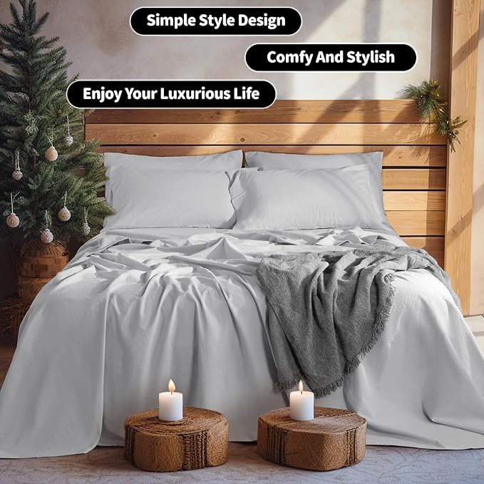 LBRO2M 100% Linen Sheet Set California King Size, Bed Sheets 6 Piece Sets,Solid Color Natural Flax Bed Sheets Soft Breathable Bedding,16" Deep Pocket,All Season (Cal King, Grey)