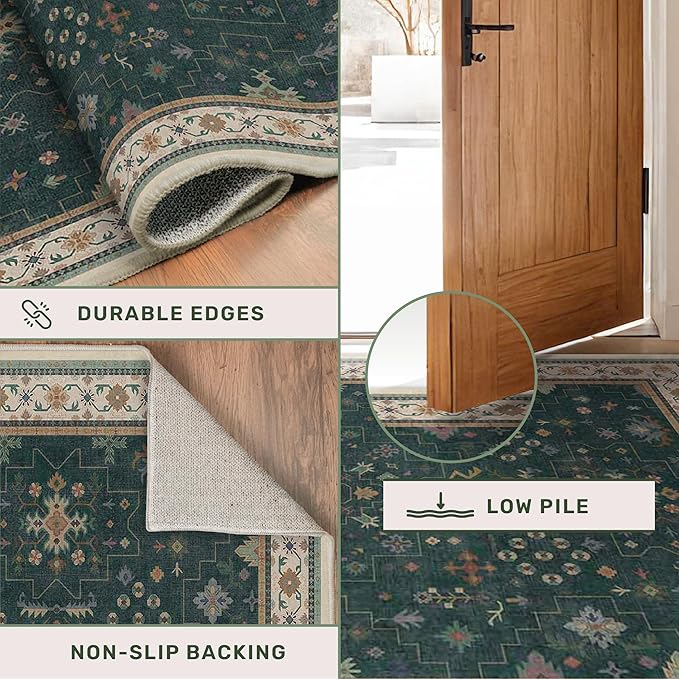 Dark Green Washable Kitchen Runner Rug, 2'6"x8' Wide & Long Non-Slip Rubber Backing Runner for Hallways, Stain Resistant Rugs for Entryway