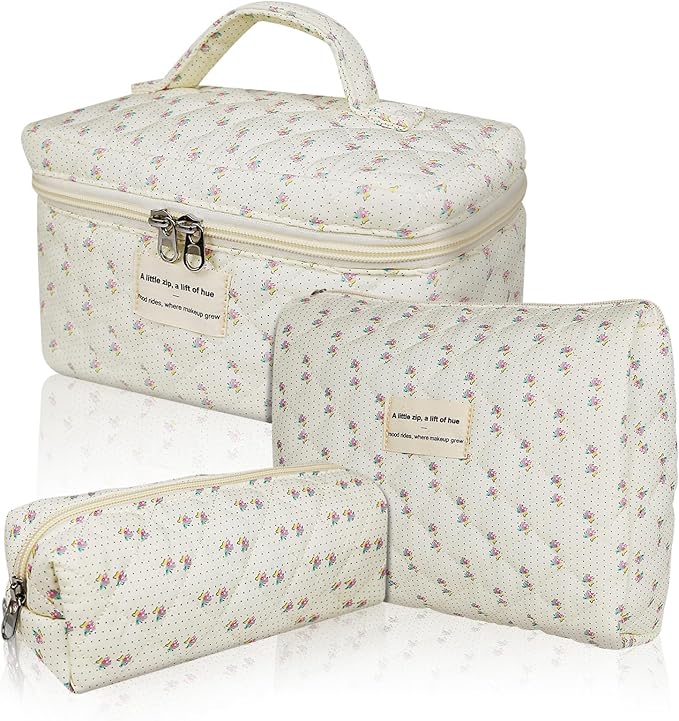 Gosect Quilted Makeup Bag, Large Floral Cosmetic Bag for Women, Cute Cotton Makeup Bag, Flower Travel Toiletry Organizer Bag (Flower)