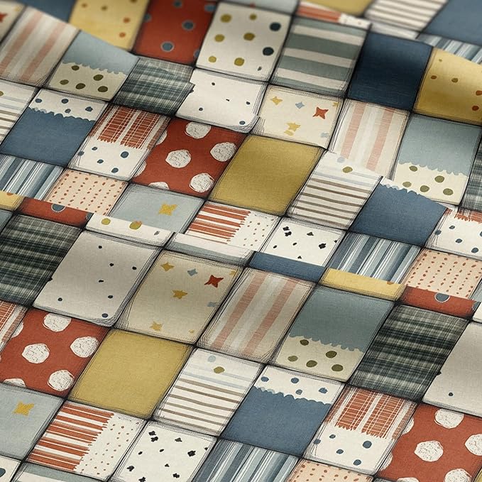 Soft Neutral Patchwork Cotton Fabric Panel 61 x 36.6 Inches, Minimal Geometric Quilt Pattern, Beige Blue Mustard Tones, 100% Cotton 140 GSM
