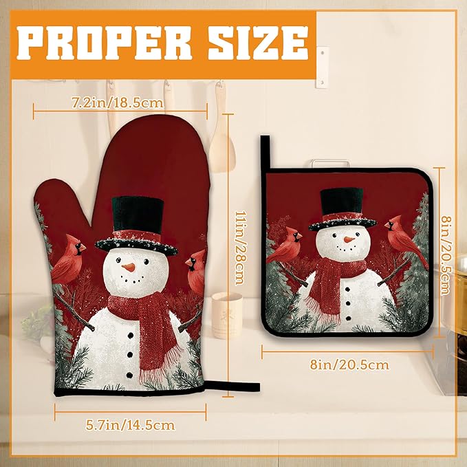 Christmas Snowman Oven Mitts and Pot Holders,Cardinal Heat Resistant Oven Mitts Gloves and Pot Holder for Home Kitchen Decorations Cooking Baking BBQ Gifts,Set of 4