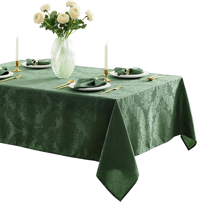 Newbridge Barcelona Damask Fabric Tablecloth, 52 x 52 Inch Square, Hunter Green – No Iron, Soil Resistant Table Cover for Dining, Parties and Holidays
