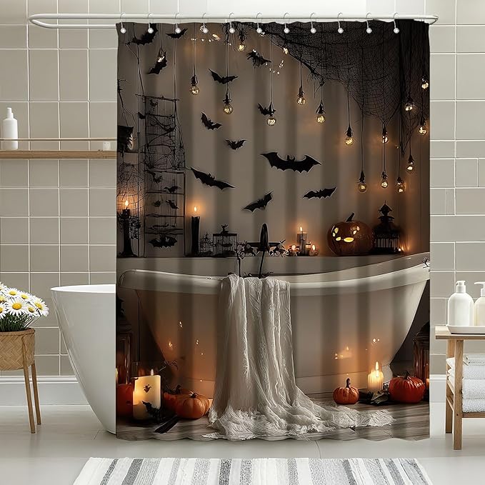 mutakin Horror Halloween Shower Curtain Bats Spooky Shower Curtains for Bathroom Waterproof Fabric Bath Curtain Decor with Hooks