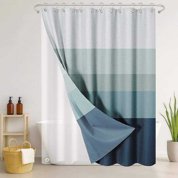 Nesphy Shower Curtain and Liner, Navy and Blue Ombre Striped 3 in 1 Shower Curtain and PEVA Liner Set with 12 Rust-Resistant Metal Hooks, Waterproof Fabric Shower Curtains for Bathroom, 72 W x 72 H