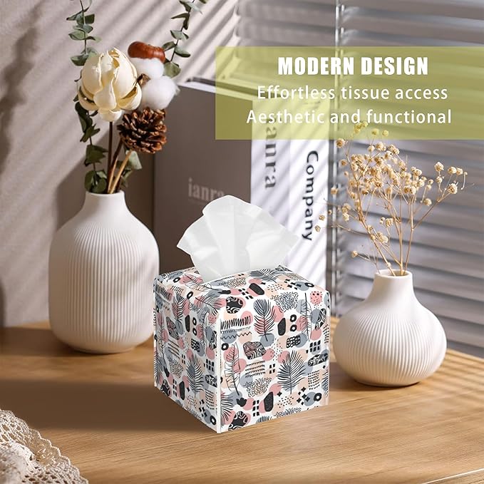Boho Vintage Leather Tissue Box Holder Abstract Plant Leaves Tissue Box Cover Facial Paper Case Organizer Cube Napkin Dispenser for Bathroom Vanity Countertop Night Stand Office Car