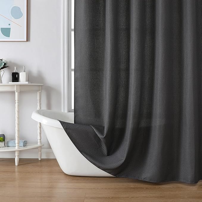 meioro Charcoal Grey Shower Curtain, Waffle Weave 256GSM Heavy Duty Textured Fabric Shower Curtains for Bathroom Hotel Spa, Luxury Weighted Polyester Cloth Bath Curtain Set with 12 Hooks, 72Wx96H