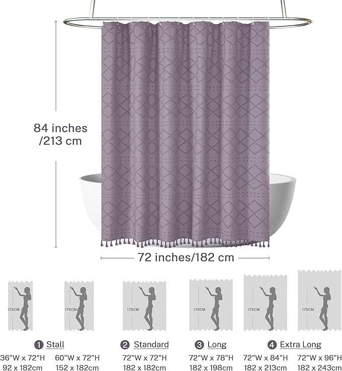 Siiluminisoy Extra Long Purple Boho Shower Curtain Woven Fabric Cute 84 Inch Shower Curtain, 72 x 84 Tufted Chevron Textured Striped Modern Farmhouse Minimalist Cloth Shower Curtain for Bathroom