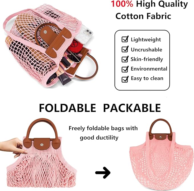 Hibala Woven Bag for Women, Fishing net bag,Straw Mesh Tote Bag, Beach,Hobo Bag, Foldable Large Capacity