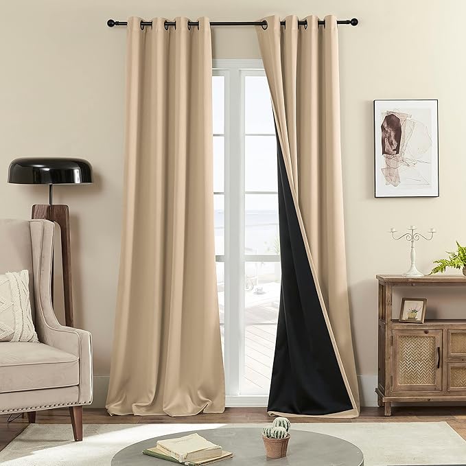 Rutterllow 100% Blackout Curtains, Full Shade Long Complete Drapes for Living Room, Thermal Insulated Bedroom Window Treatment Drapes (2 Panels,Khaki, 52 x 90 inch)
