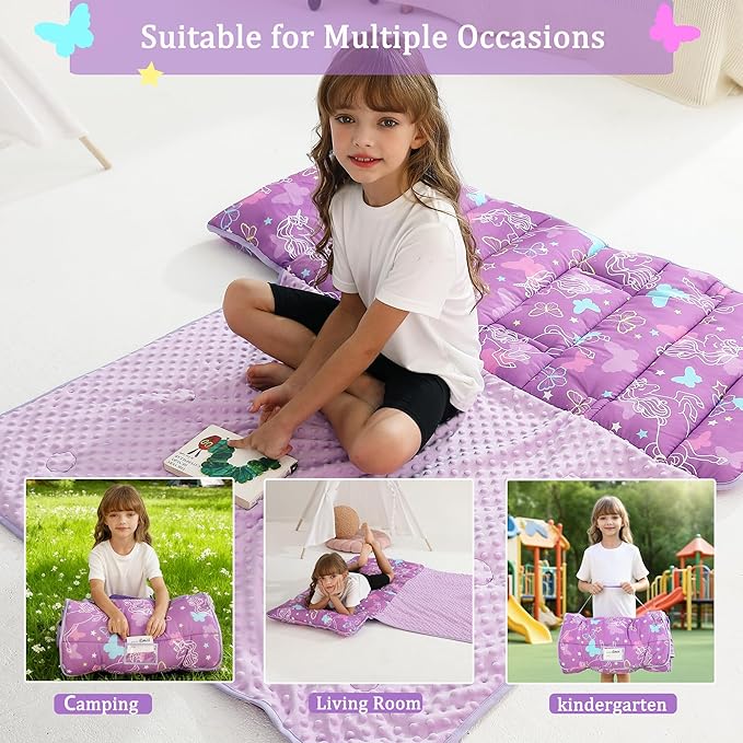 Toddler Nap Mat for Preschool 50''x30'' Sleeping Mat with Removable Pillow and Minky Blanket for Kids Ages 3-7 Roll Up Soft Sleeping Bag for Boys Girls Kindergarten Daycare Sleepover
