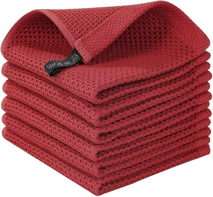 LikGuest Honeycomb Cotton Dish Cloths 6 Pack,12x12 Inch – Super Absorbent, Quick-Dry & Reusable Kitchen Cleaning Cloths, Lint-Free Washable Towels for Dishes, Glass & Household Use(Red)