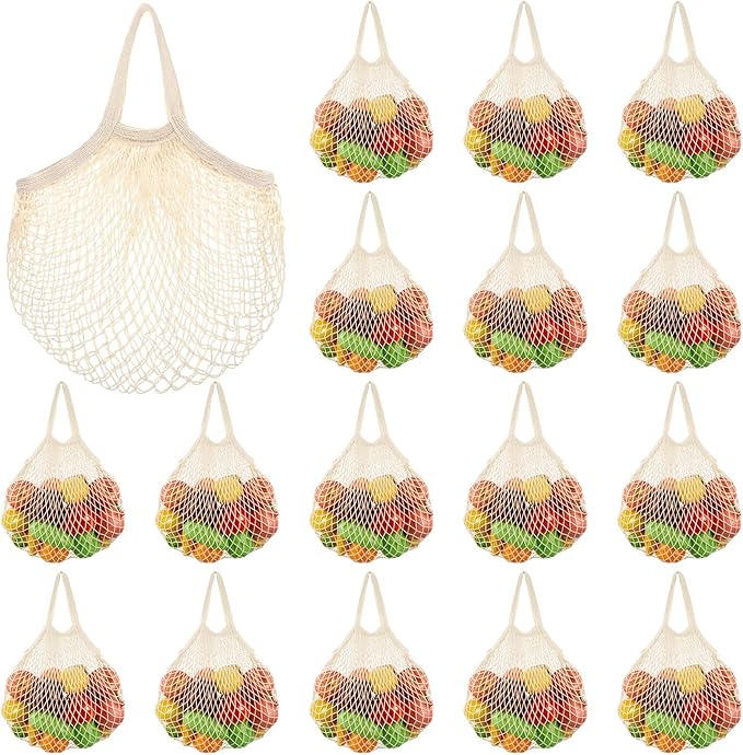SATINIOR 8/16 Pcs Large Cotton Mesh Grocery Bags 16x16x12 Inch Reusable Cotton String Shopping Bag Beige Produce Container