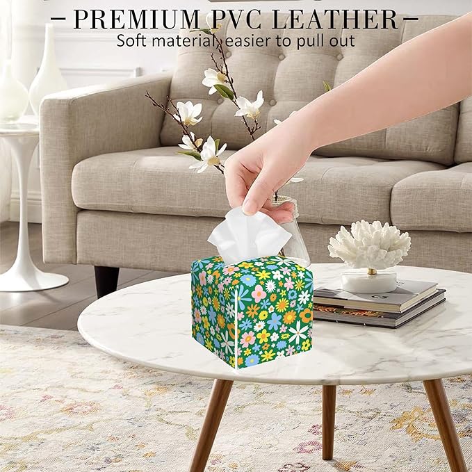 POIUBLE Colorful Hippie Flowers Tissue Box Cover Leather Tissue Box Holder Square Facial Paper Organizer Dispenser for Bathroom Kitchen Bedroom Vanity Countertop Night Stands