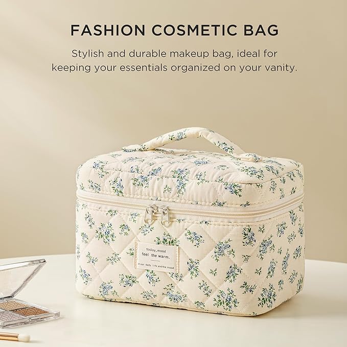 HBselect Christmas Gifts Large Quilted Makeup Bag, Cute Cotton Travel Makeup Bag with Handle, Portable Coquette Floral Make up Bags, Toiletry Organizer Make up Bags for Women Teen Girls Mom