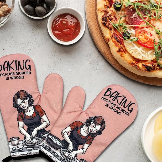 2 Pack Funny Bake Lover Oven Mitts, Baking Because Murder is Wrong, Vintage Lady Heat Resistant Mitts, Humorous Baking Gifts for Mom Wife, Birthday Gifts for Women Hostess Chef Friend Baker
