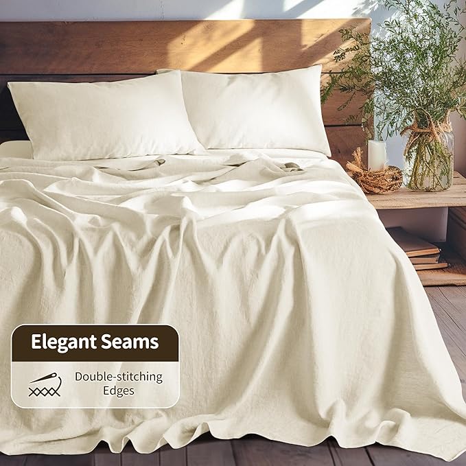 LBRO2M 100% Linen Sheet Set Twin XL Size,Bed Sheets 3 Piece Sets,Solid Color Natural Flax Bed Sheets Soft Breathable Bedding,16" Deep Pocket,All Season (Twin XL, Beige)