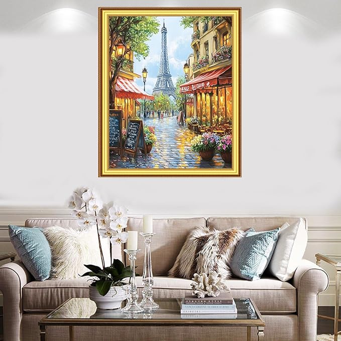Foxnyart Stamped Cross Stitch Kits Full Range of Embroidery Needlework Starter Kits for Beginners Adults 11CT Embroidery Patterns Art Crafts DIY Needlepoint Kit-Eiffel Tower Street View 16x20 inchs