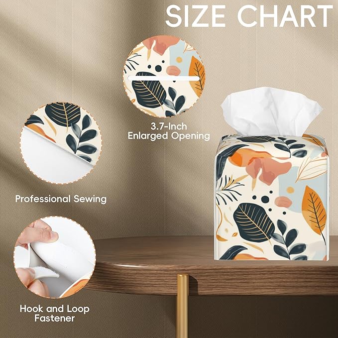 Tissue Box Cover Leather Tissue Box Holder Cube Tissue Case Cover Facial Paper Organizer Dispenser for Bathroom, Vanity Countertop, Office Desk (Tropical Abstract Leaves)